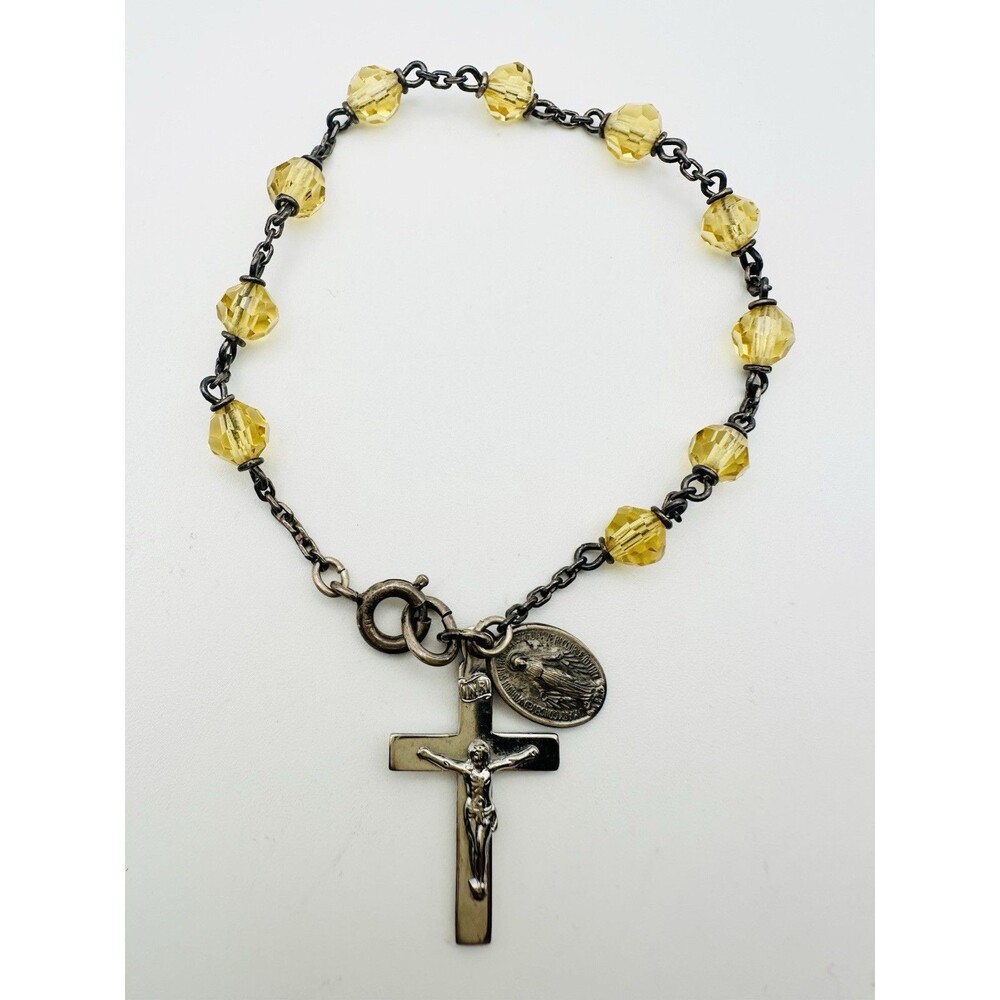 Vintage Sterling Silver Yellow Czech Glass Bead Rosary Bracelet 7”